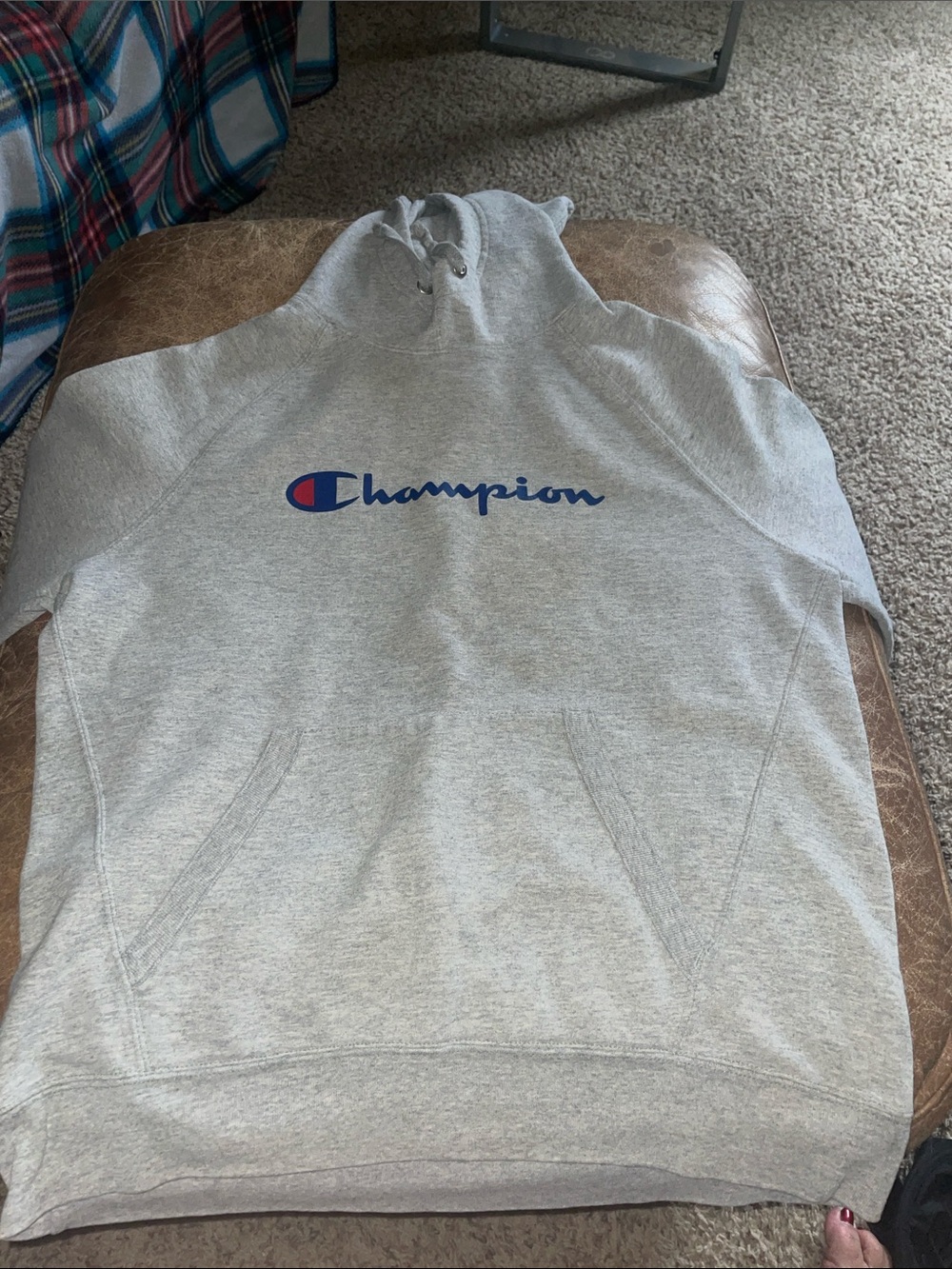Champion Gray Hoodie with Blue Script Logo